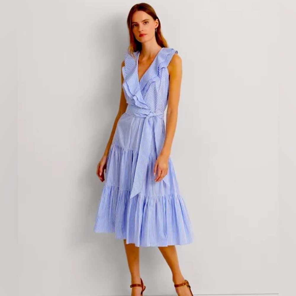 NEW in bag Ralph Lauren striped cotton broadcloth surplice dress size 6 & 8